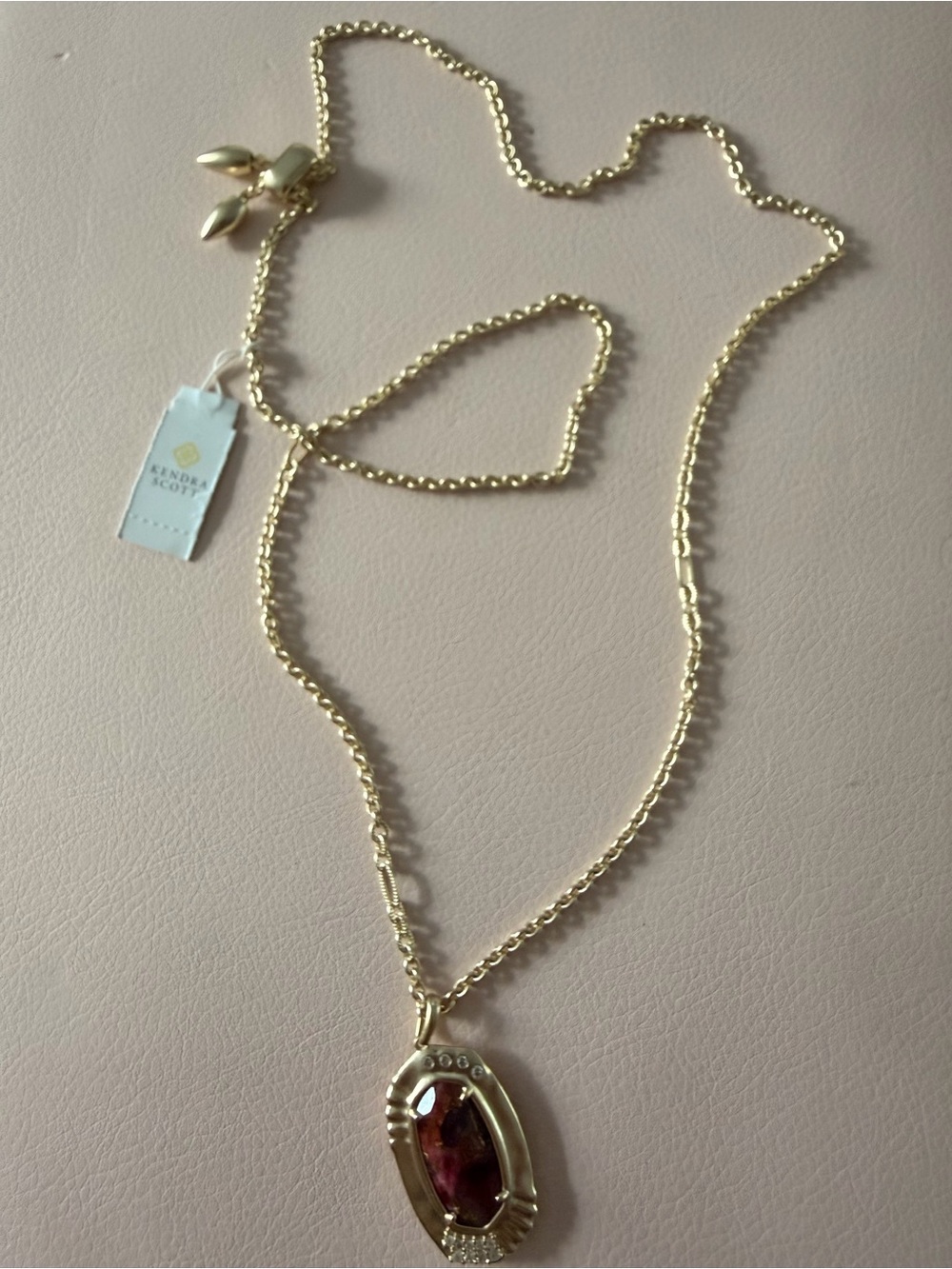 NWT Kendra Scott Gold Anna Long Pendant in Bronze Veined Maroon Jade - Picture 2 of 8